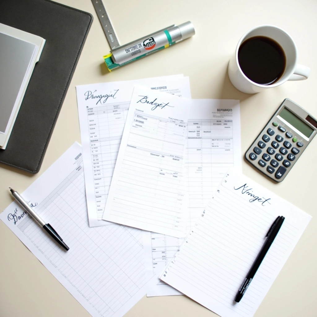 Budget Audit Manitoba Ltd Editorial Team workspace with research materials, budget documents, and planning resources on desk